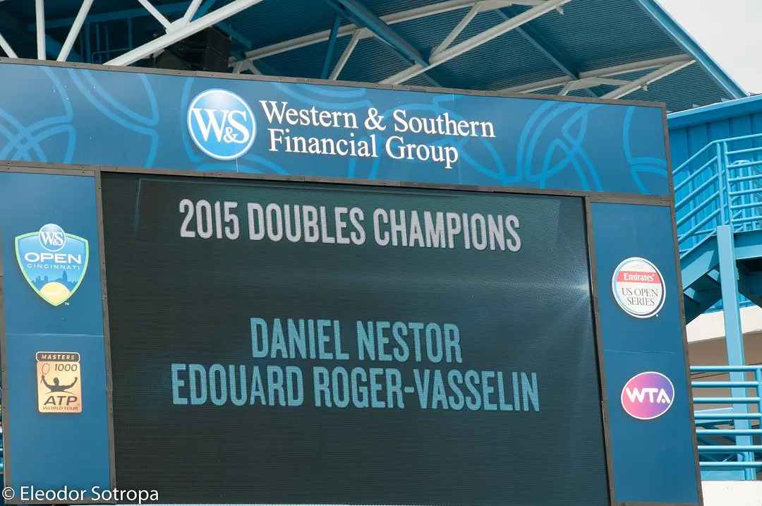 Tournament scoreboard announcing the doubles champions